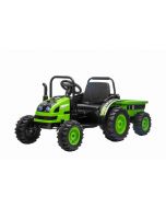 Elektrický Traktor POWER s vlečkou, zelený, Pohon zadních kol, 12V baterie, Plastové kola,  široké sedadlo, 2,4 GHz Dálkový ovladač, Jednomístné, MP3 přehrávač, LED Světla