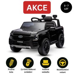 Elektrické autíčko FORD Ranger 12V, černý, Koženkové sedátko, 2,4 GHz dálkové ovládání, Bluetooth/USB Vstup, Odpružení, 12V baterie, Plastová kola, 2 X 30W MOTOR, ORIGINAL licence