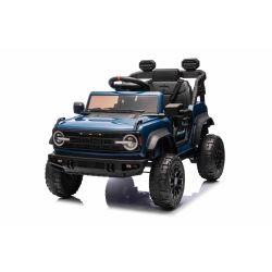 Elektrické autíčko Ford Bronco s pohonem zadních kol s licencí (Jednomístné), modré, Lithiová baterie, Vysoký podvozek, široké sedátko, Odpružená zadní náprava, 2,4 GHz Dálkový ovladač, MP3 přehrávač se vstupem USB, LED světla