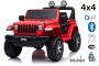 Elektrické autíčko Jeep Wrangler, Jednomístné, červené, Koženková sedadla, Rádio s Bluetooth přehrávačem, SD / USB vstup, Pohon 4x4, 12V10Ah Baterie, EVA kola, Odpružená náprava, 2,4 GHz Dálkové Ovládání