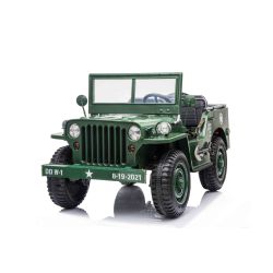Elektrické autíčko USA ARMY 4X4, zelené, Třímístné, MP3 Přehrávač se vstupem USB / SD, Odpružené nápravy, LED světla, Sklápěcí čelní sklo, 12V14AH, EVA kola, Čalouněné sedadla, 2,4 GHz Dálkový ovladač, 4 x 4 Pohon