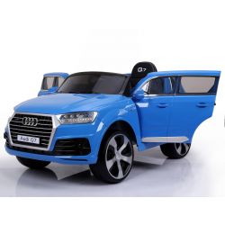 Elektrické autíčko Audi Q7, modré lakované, EVA kola, kožené sedadlo, 12V, 2,4 GHz dálkové ovládání, 2X motor, USB, SD karta, ORGINAL licence