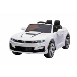 Elektrické autíčko Chevrolet Camaro 12V, bílé, 2,4 GHz dálkové ovládání, Otevírací dveře, EVA kola, LED Světla, kožené sedátko, 2 X MOTOR, USB/SD Vstup, ORGINAL licence