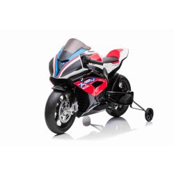 Elektrická Motorka BMW HP4 RACE 12V, červené, Licencované, Pomocná kolečka, měkká EVA kola, 2 x 35W motor, Odpružení, kovový rám, kovová vidlice