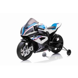 Elektrická Motorka BMW HP4 RACE 12V, bílé, Licencované, Pomocná kolečka, měkká EVA kola, 2 x 35W motor, Odpružení, kovový rám, kovová vidlice