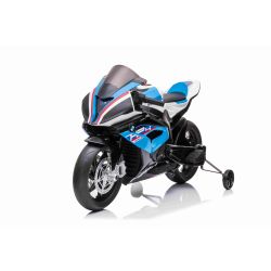 Elektrická Motorka BMW HP4 RACE 12V, modré, Licencované, Pomocná kolečka, měkká EVA kola, 2 x 35W motor, Odpružení, kovový rám, kovová vidlice