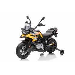 Elektrická Motorka BMW F850 GS, Licencované, 12V baterie, EVA měkká kola, 2 x 35W motor,LED Světla, Pomocná kolečka, žlutá