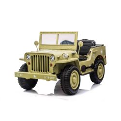 Elektrické autíčko USA ARMY 4X4, žlté, Třímístné, MP3 Přehrávač se vstupem USB / SD, Odpružené nápravy, LED světla, Sklápěcí čelní sklo, 12V14AH, EVA kola, Čalouněné sedadla, 2,4 GHz Dálkový ovladač, 4 x 4 Pohon