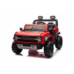 Elektrické autíčko Ford Bronco XL s pohonem zadních kol, licencované (Dvoumístné), červené, Lithiová baterie, Vysoký podvozek, Dvě sedadla, Odpružená zadní náprava, 2,4 GHz Dálkový ovladač, MP3 přehrávač se vstupem USB, LED světla