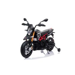 Elektrická Motorka APRILIA DORSODURO 900, Licencované, 12 V, EVA měkké kola, 2 x 18W motor, 12V baterie, Odpružení, kovový rám, kovová vidlice, pomocná kolečka, černé