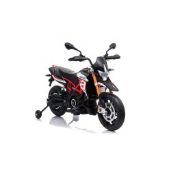 Elektrická Motorka APRILIA DORSODURO 900, Licencované, 12V baterie, EVA měkké kola, 2 x 18W motor, Odpružení, kovový rám, kovová vidlice, pomocná kolečka, červené