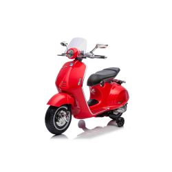 Elektrická motorka Vespa 946 i se zpětným chodem, červené, s pomocnými koly, Licencované, 2 x6V Baterie, 2x 30W Motor, Koženkové sedátko, MP3 Přehrávač s USB vstupem