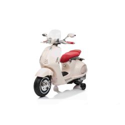 Elektrická motorka Vespa 946 i se zpětným chodem, bílé, s pomocnými koly, Licencované, 2 x6V Baterie, 2x 30W Motor, Koženkové sedátko, MP3 Přehrávač s USB vstupem