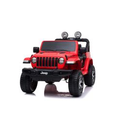 Elektrické autíčko Jeep Wrangler, Jednomístné, červené, Koženková sedadla, Rádio s Bluetooth přehrávačem, SD / USB vstup, Pohon 4x4, Lithiová baterie, EVA kola, Odpružená náprava, 2,4 GHz Dálkové Ovládání