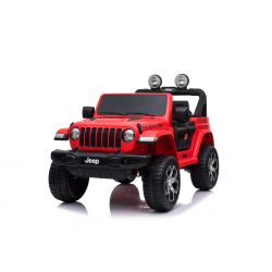 Elektrické autíčko Jeep Wrangler, Jednomístné, červené, Koženková sedadla, Rádio s Bluetooth přehrávačem, SD / USB vstup, Pohon 4x4, 12V10Ah Baterie, EVA kola, Odpružená náprava, 2,4 GHz Dálkové Ovládání