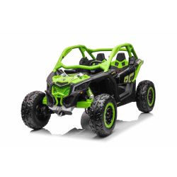 Elektrické autíčko Can-am Maverick, zelený, dvoumístné, odpružená zadní náprava, 2,4 Ghz dálkové ovládání, přenosná baterie, 4 x 35W Motory, EVA kola, koženková sedadla, MP3 přehrávač se vstupem USB/SD, Licencované