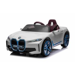 Elektrické autíčko BMW i4, bílé, 2,4 GHz dálkové ovládání, USB/AUX/Bluetooth přípojka, odpružení, 12V baterie, LED světla, 2 X MOTOR, ORIGINAL licence