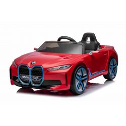Elektrické autíčko BMW i4, červené, 2,4 GHz dálkové ovládání, USB/AUX/Bluetooth přípojka, odpružení, 12V baterie, LED světla, 2 X MOTOR, ORIGINAL licence