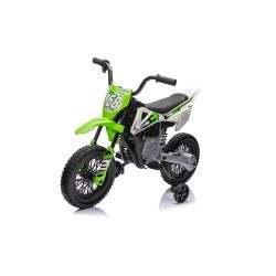 Elektrická Motorka MOTOCROSS, Zelená, 12V baterie, EVA měkká kola, Koženkové sedátko, 2 x 25W Motor, Odpružení, Kovový rám, MP3 Přehrávač s Bluetoothem, pomocná kolečka