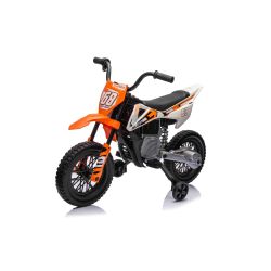 Elektrická Motorka MOTOCROSS, Oranžová, 12V baterie, EVA měkká kola, Koženkové sedátko, 2 x 25W Motor, Odpružení, Kovový rám, MP3 Přehrávač s Bluetoothem, pomocná kolečka