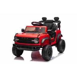 Elektrické autíčko Ford Bronco s pohonem zadních kol s licencí (Jednomístné), červené, Lithiová baterie, Vysoký podvozek, široké sedátko, Odpružená zadní náprava, 2,4 GHz Dálkový ovladač, MP3 přehrávač se vstupem USB, LED světla