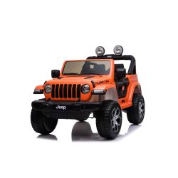Elektrické autíčko Jeep Wrangler, Jednomístné, Oranžové, Koženková sedadla, Rádio s Bluetooth přehrávačem, SD / USB vstup, Pohon 4x4, Lithiová baterie, EVA kola, Odpružená náprava, 2,4 GHz Dálkové Ovládání