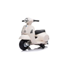 Elektrická motorka Vespa GTS, bílé, s pomocnými koly, Licencované, 6V Baterie, Koženkové sedátko, 30W motor