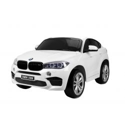 Elektrické autíčko BMW X6 M, 2 místní, 2x 120W motor, 12V, elektrická brzda, 2,4 GHz dálkové ovládání, otevírací dveře, EVA kola, koženkové sedadlo, 2x MOTOR, bílé, ORGINAL licence