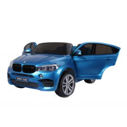 Elektrické autíčko BMW X6 M, 2 místní, 2x 120W motor, 12V, elektrická brzda, 2,4 GHz dálkové ovládání, otevírací dveře, EVA kola, koženkové sedadlo, 2X MOTOR, modré lakované, ORGINAL licence