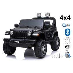 Elektrické autíčko Jeep Wrangler, Jednomístné, černé, Koženková sedadla, Rádio s Bluetooth přehrávačem, SD / USB vstup, Pohon 4x4, 12V10Ah Baterie, EVA kola, Odpružená náprava, 2,4 GHz Dálkové Ovládání
