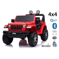 Elektrické autíčko Jeep Wrangler, Jednomístné, červené, Koženková sedadla, Rádio s Bluetooth přehrávačem, SD / USB vstup, Pohon 4x4, 12V10Ah Baterie, EVA kola, Odpružená náprava, 2,4 GHz Dálkové Ovládání