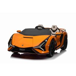 Elektrické autíčko Lamborghini Sian 4X4, oranžové, 12V, 2,4 GHz dálkové ovládání, USB/AUX Vstup, Bluetooth, Odpružení, Vertikální otevírací dveře, měkká EVA kola, LED Světla, ORIGINAL licence